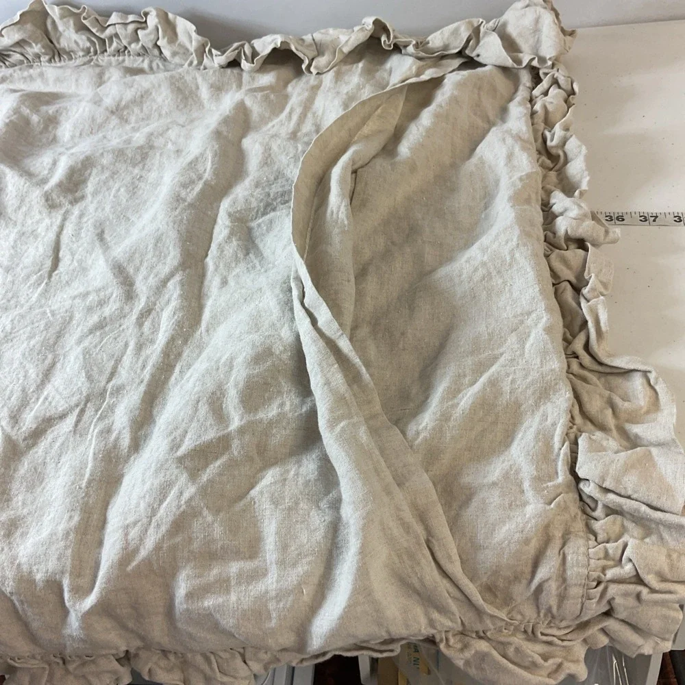 Pottery Barn Belgian Flax Linen Fringe Ruffle‎ Euro Pillow Sham tan EUC